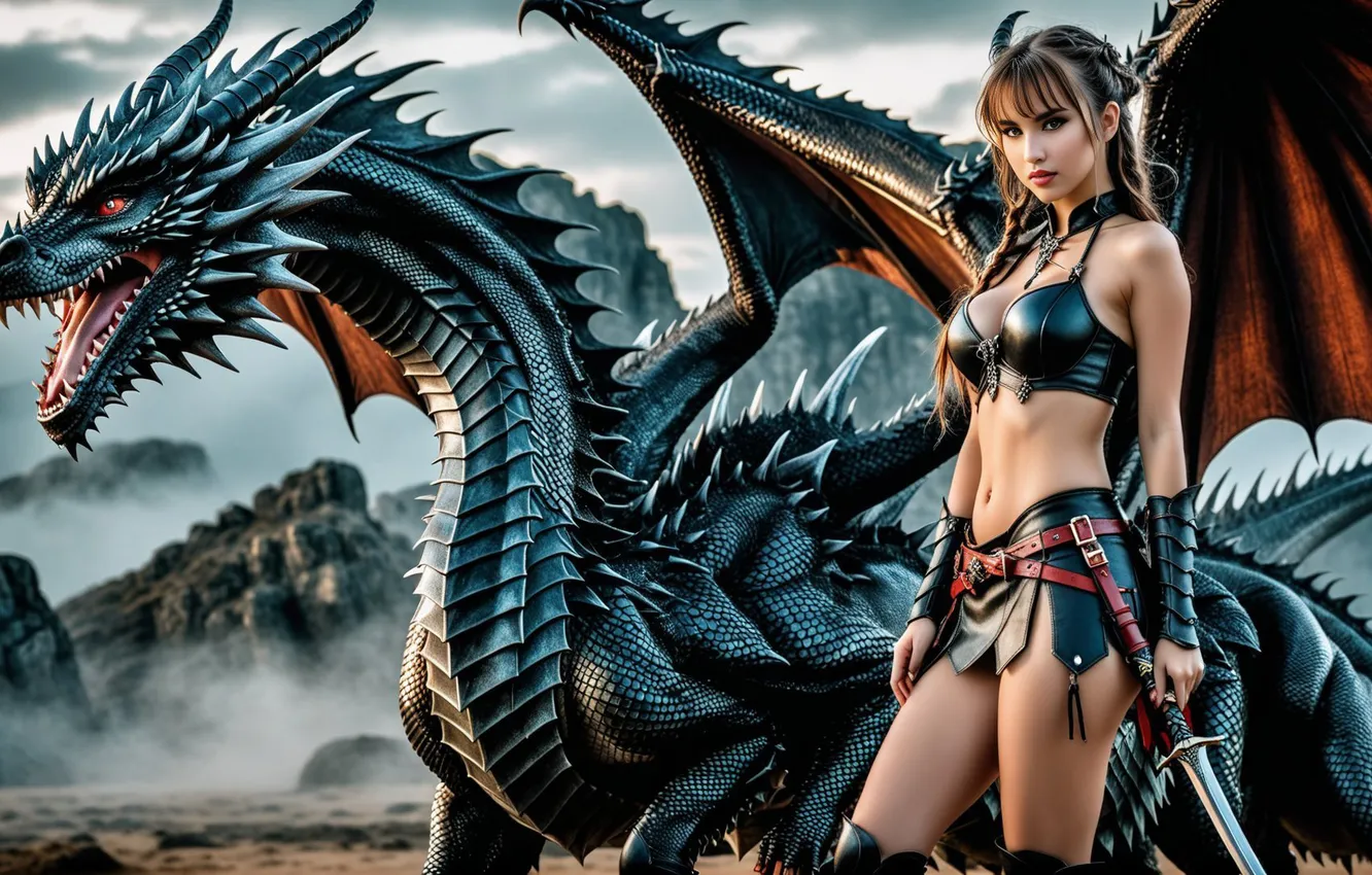 Photo wallpaper girl, dragon, sword