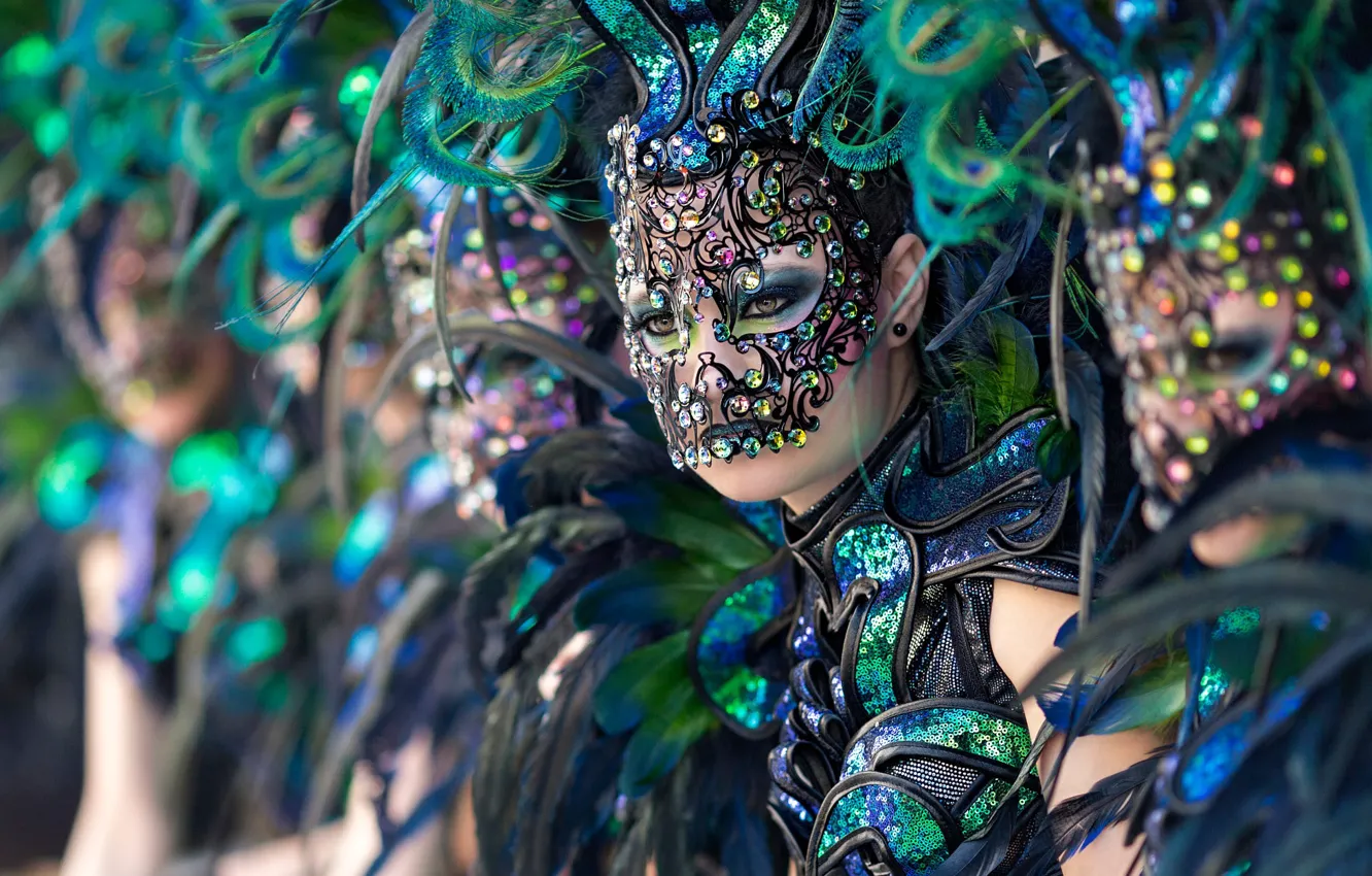 Photo wallpaper look, girl, decoration, blue, face, green, style, Shine