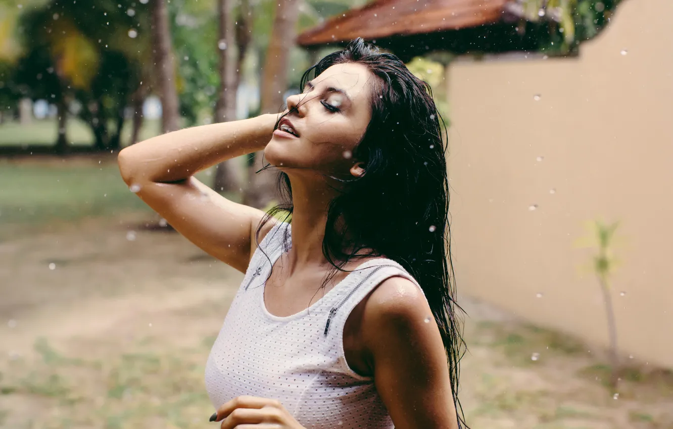Photo wallpaper girl, drops, rain, Embrace the rain