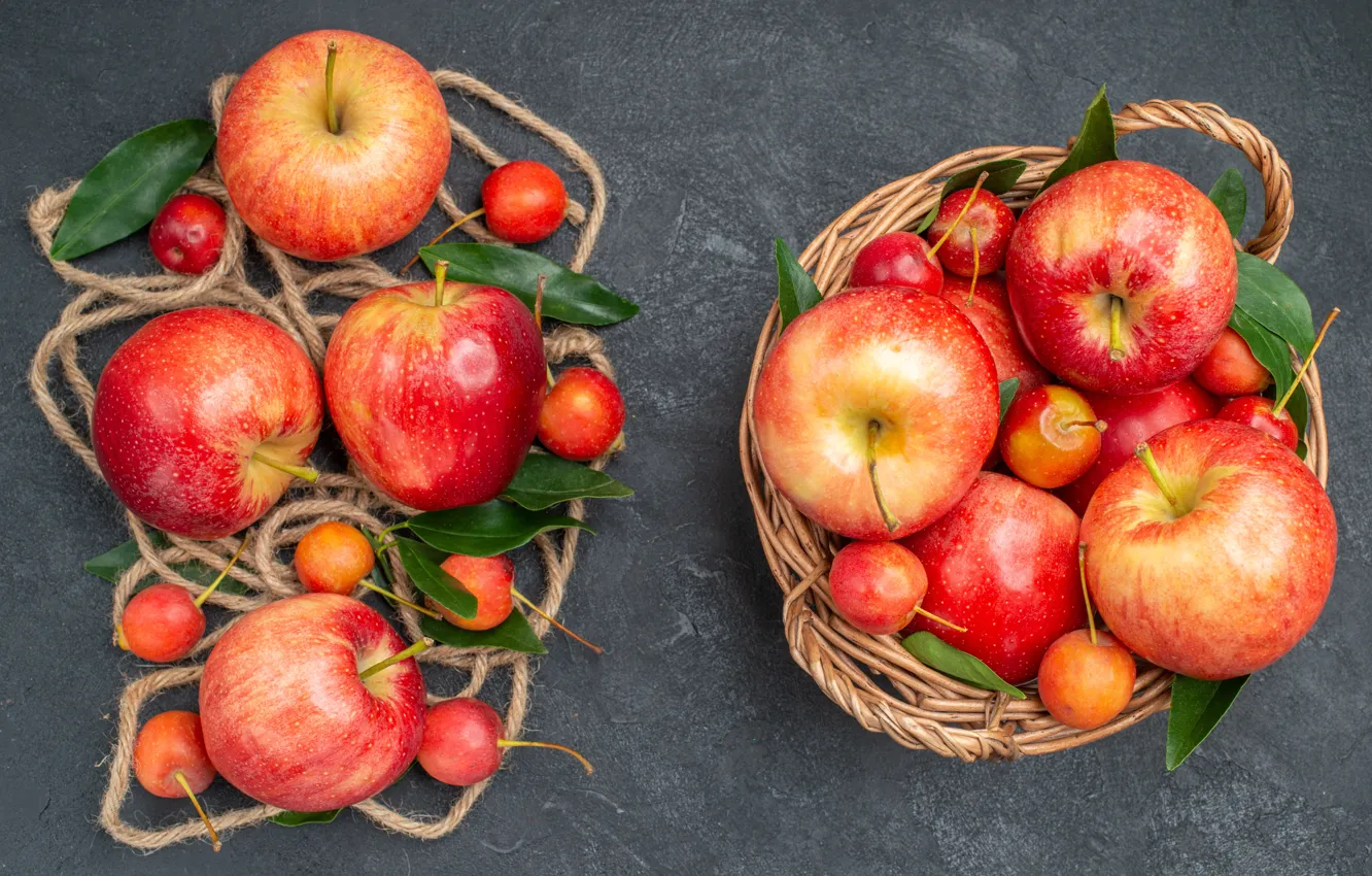 Photo wallpaper leaves, red, table, apples, rope, fruit, grey background, basket