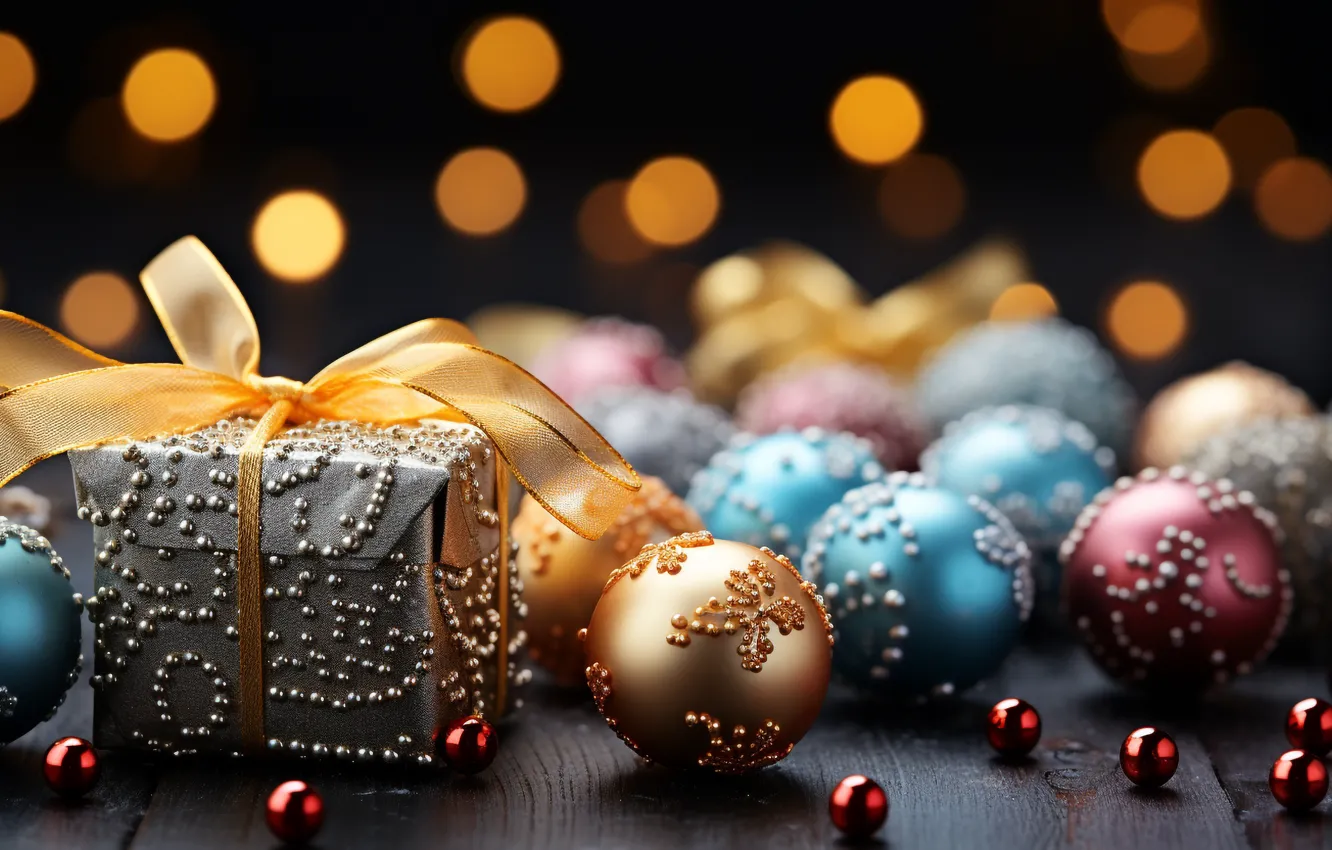 Photo wallpaper balls, blue, yellow, red, lights, the dark background, box, gift