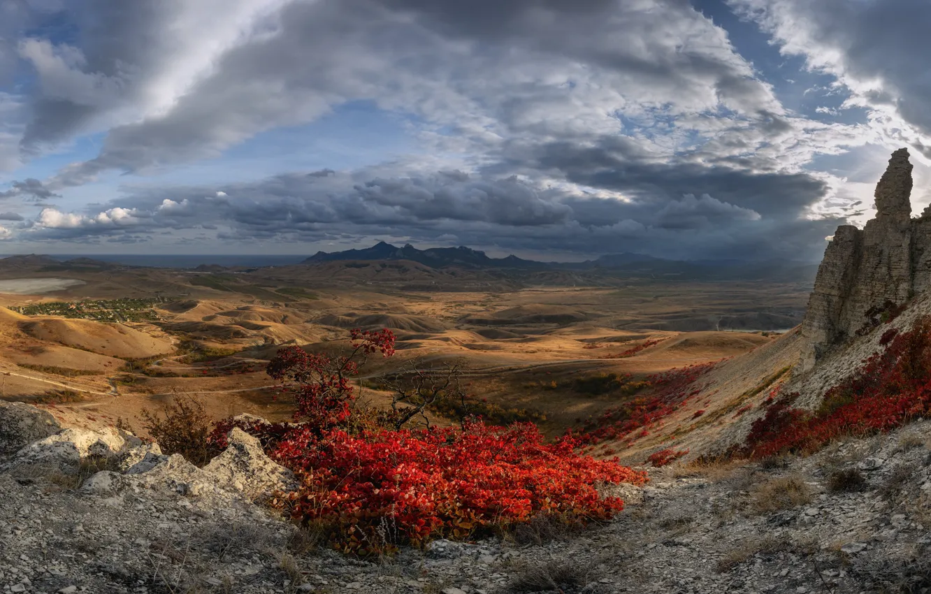 Photo wallpaper clouds, landscape, mountains, nature, rocks, vegetation, Crimea, Demerdzhi