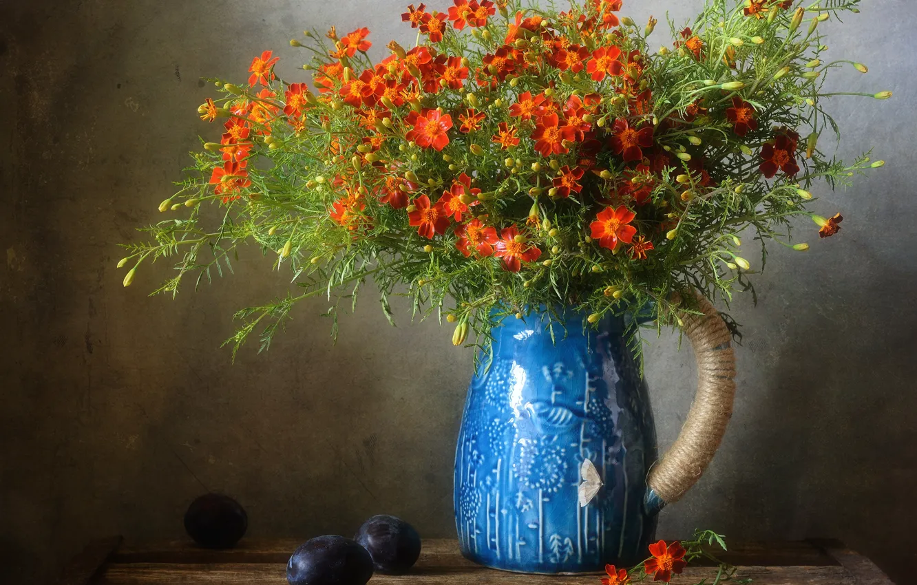 Photo wallpaper flowers, the dark background, bouquet, vase, pitcher, still life, plum, composition