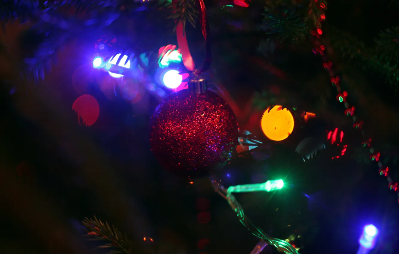 Photo wallpaper winter, needles, red, nature, mood, balls, Shine, tree