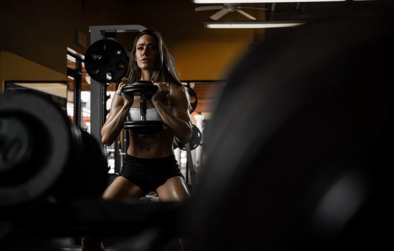 Photo wallpaper face, model, hair, figure, Valentina, the gym, dumbbells, exercise