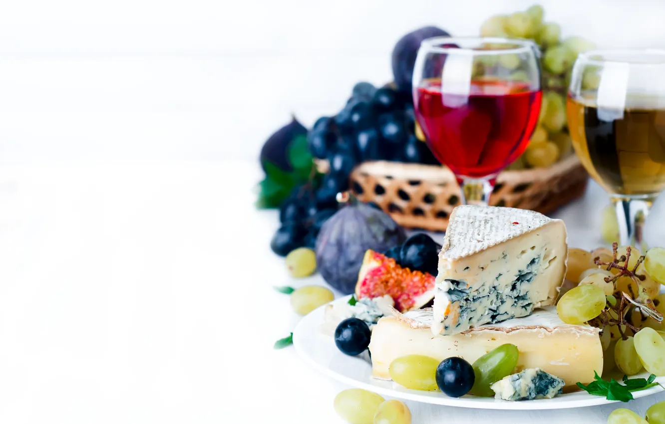 Photo wallpaper wine, cheese, glasses, grapes, Myfoodie