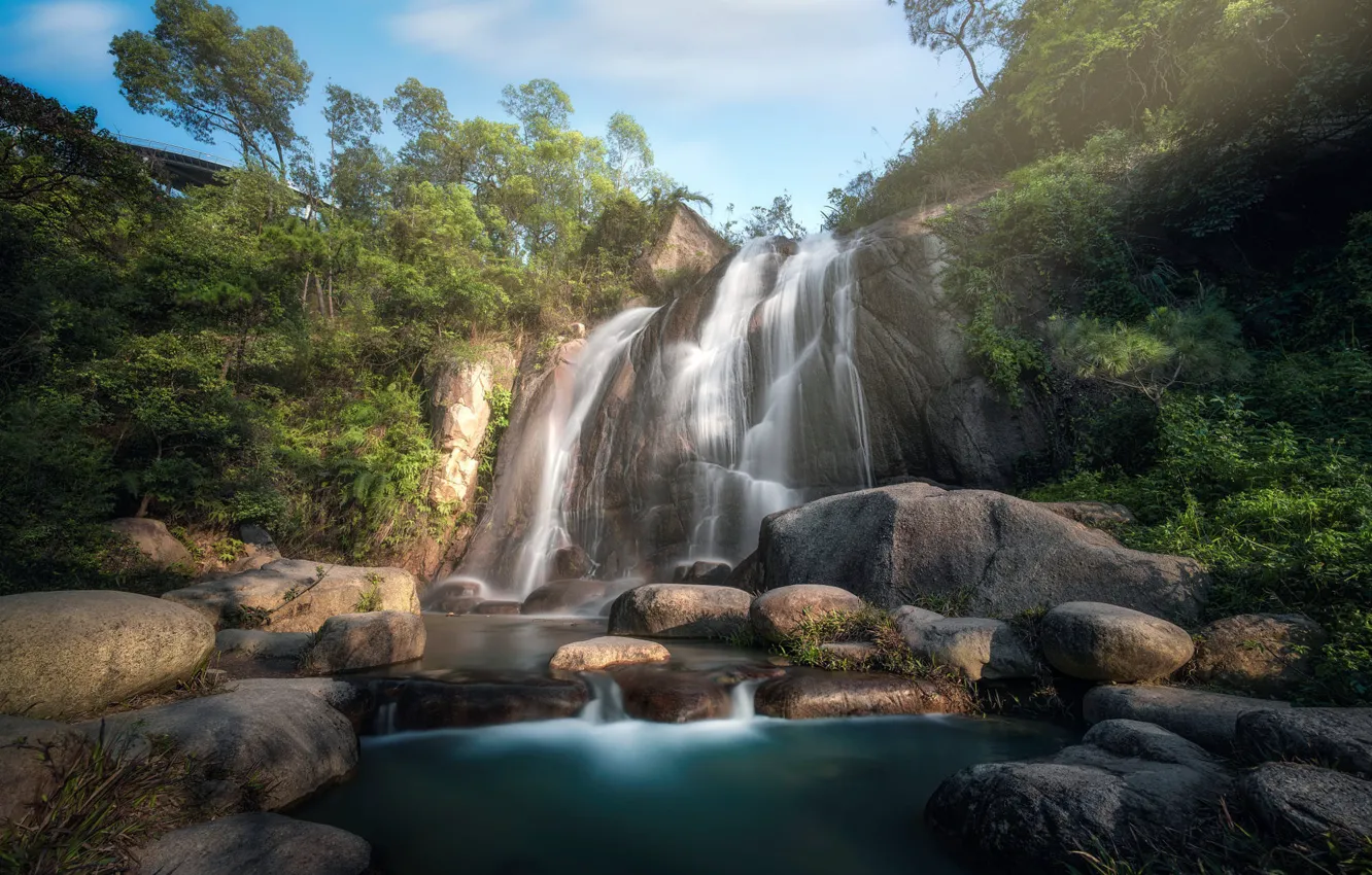 Photo wallpaper stones, rocks, shore, vegetation, waterfall