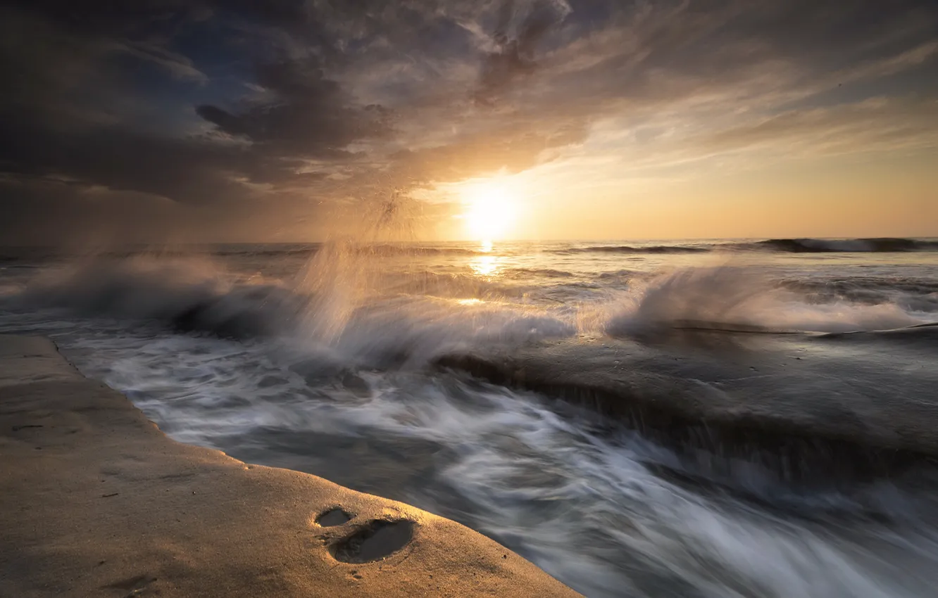 Photo wallpaper sea, wave, sunset, shore