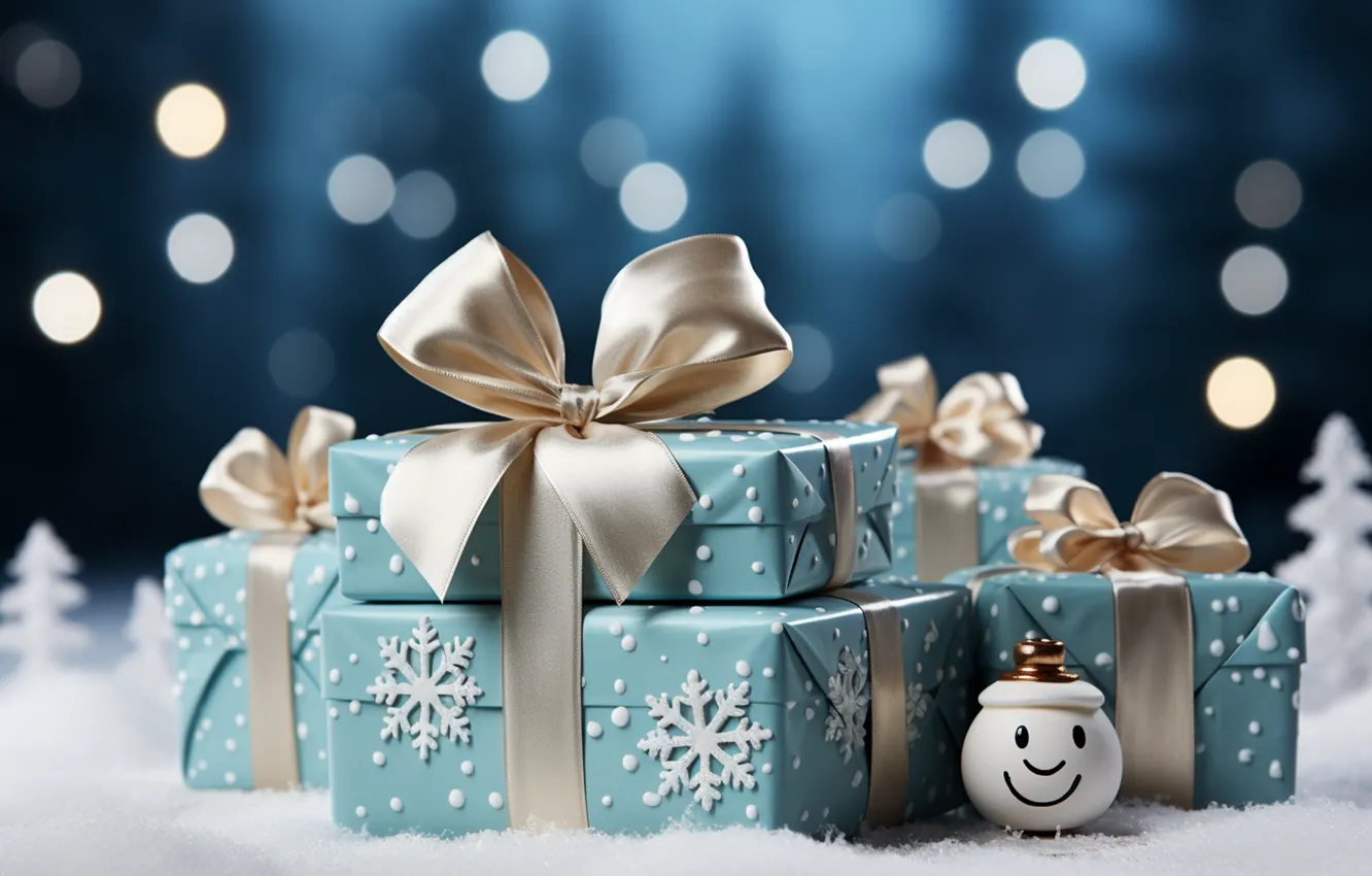 Photo wallpaper winter, snow, decoration, snowflakes, gift, balls, new year, Christmas