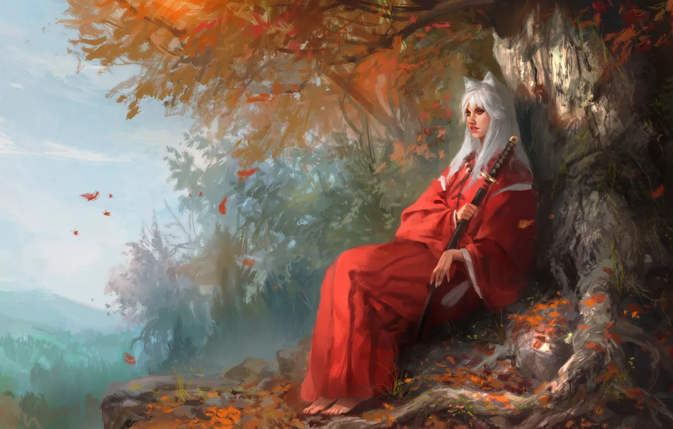 Photo wallpaper leaves, nature, tree, sword, art, ears, Inuyasha, female version