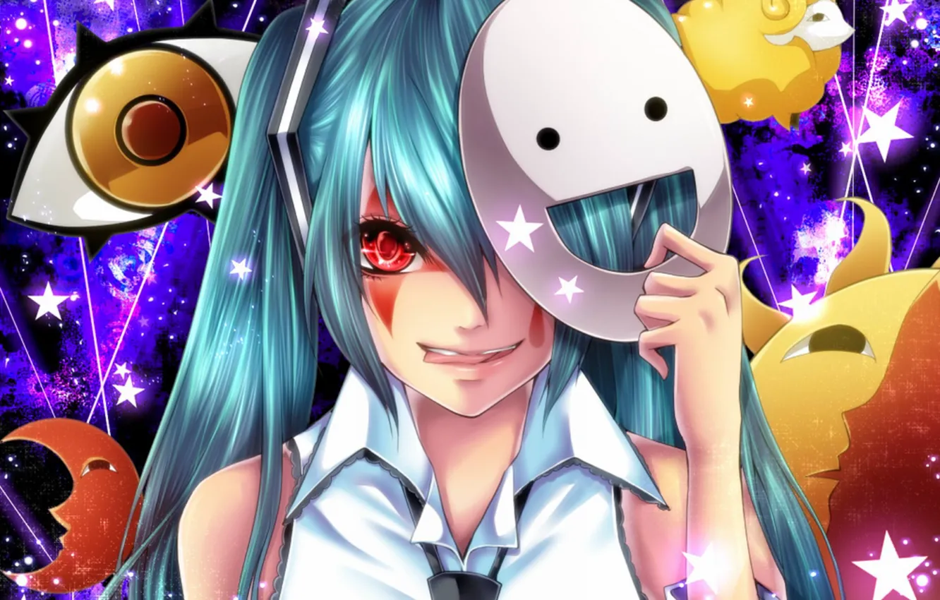 Photo wallpaper language, look, girl, smile, mask, vocaloid, hatsune miku, Vocaloid