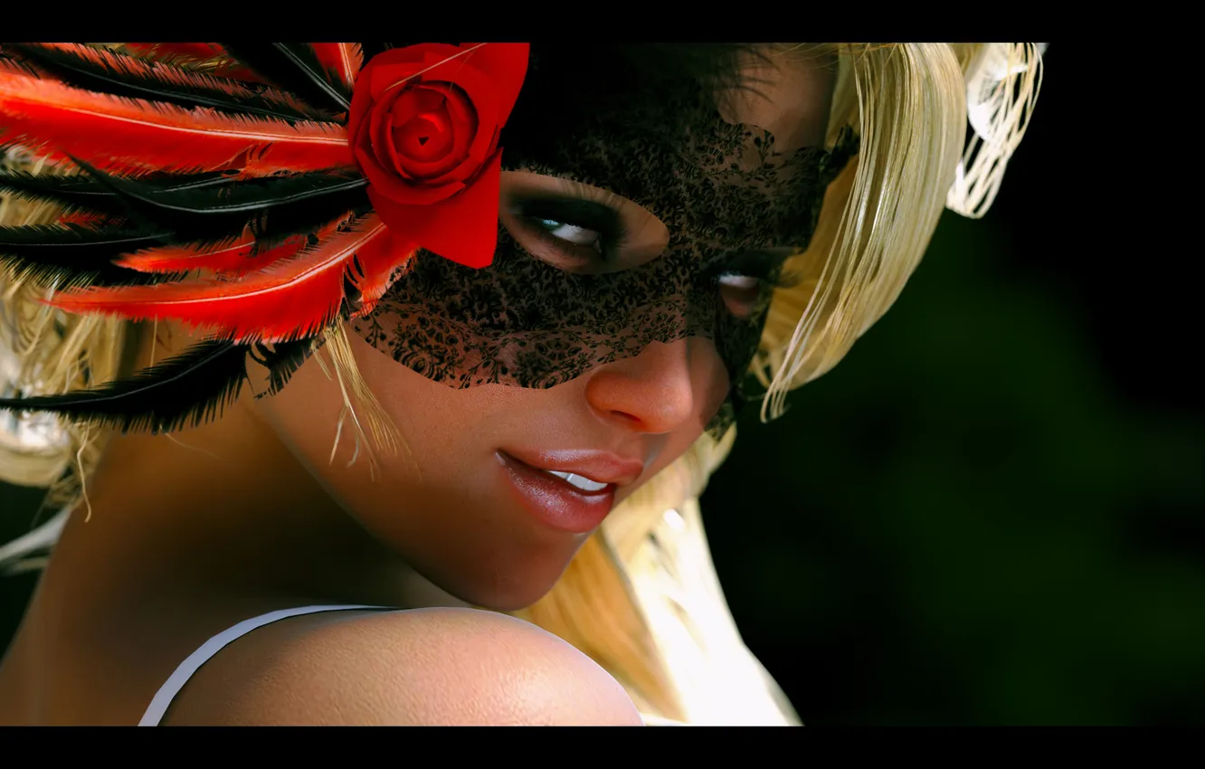 Photo wallpaper eyes, look, girl, face, smile, mask, blonde