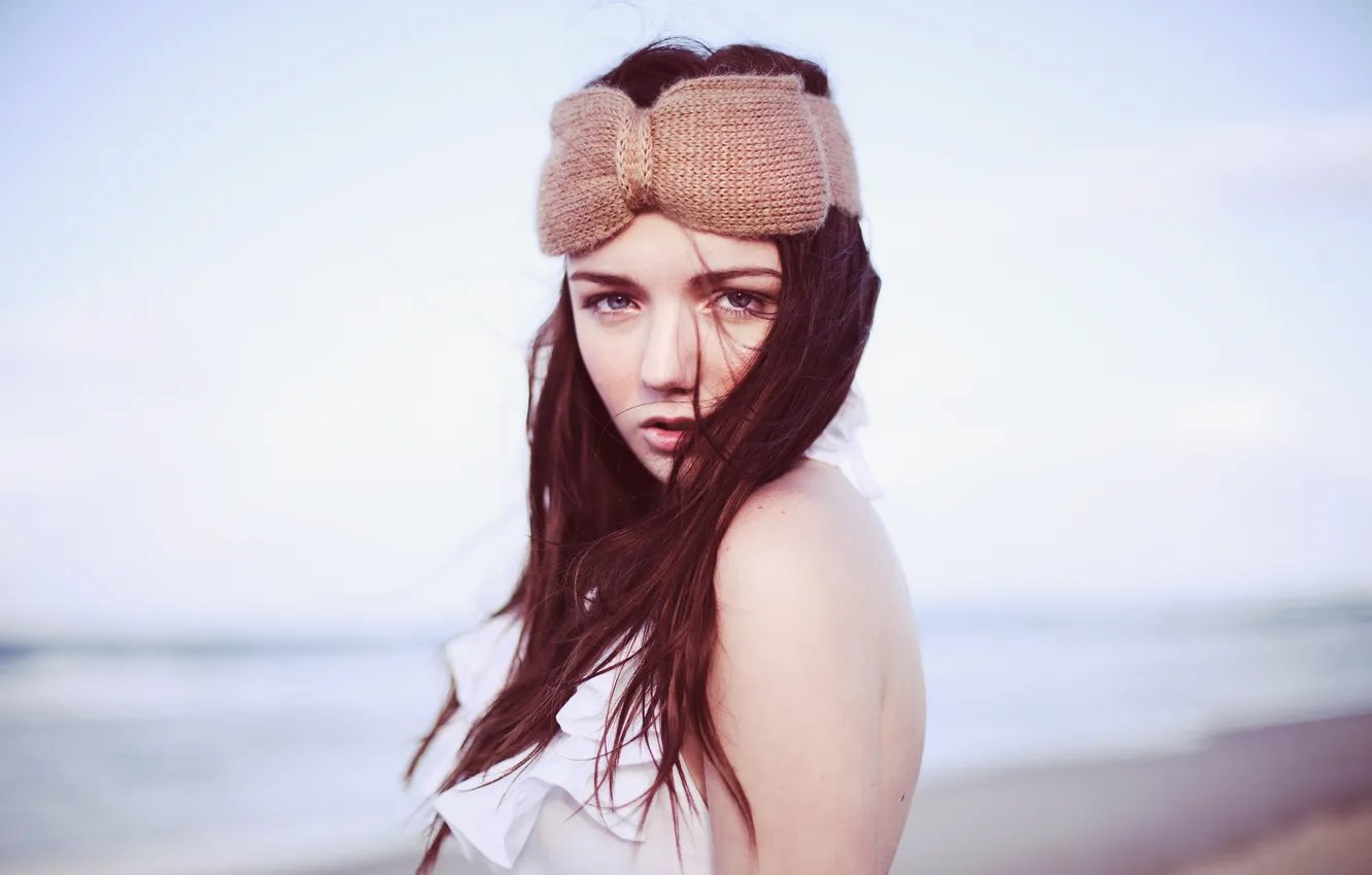 Photo wallpaper sea, look, girl, the wind, headband, brown hair