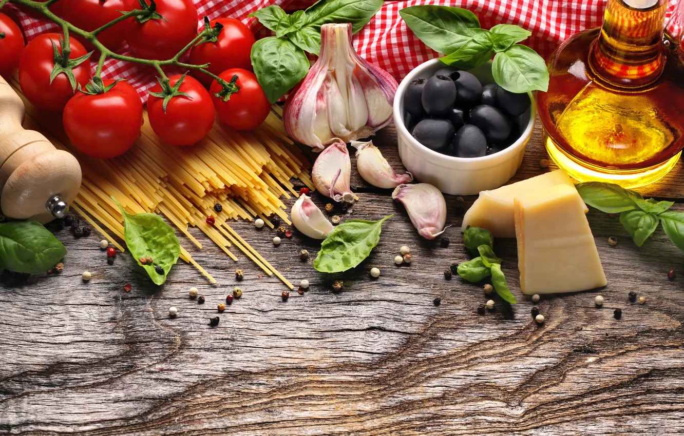 Photo wallpaper food, cheese, vegetables, olives, garlic, products