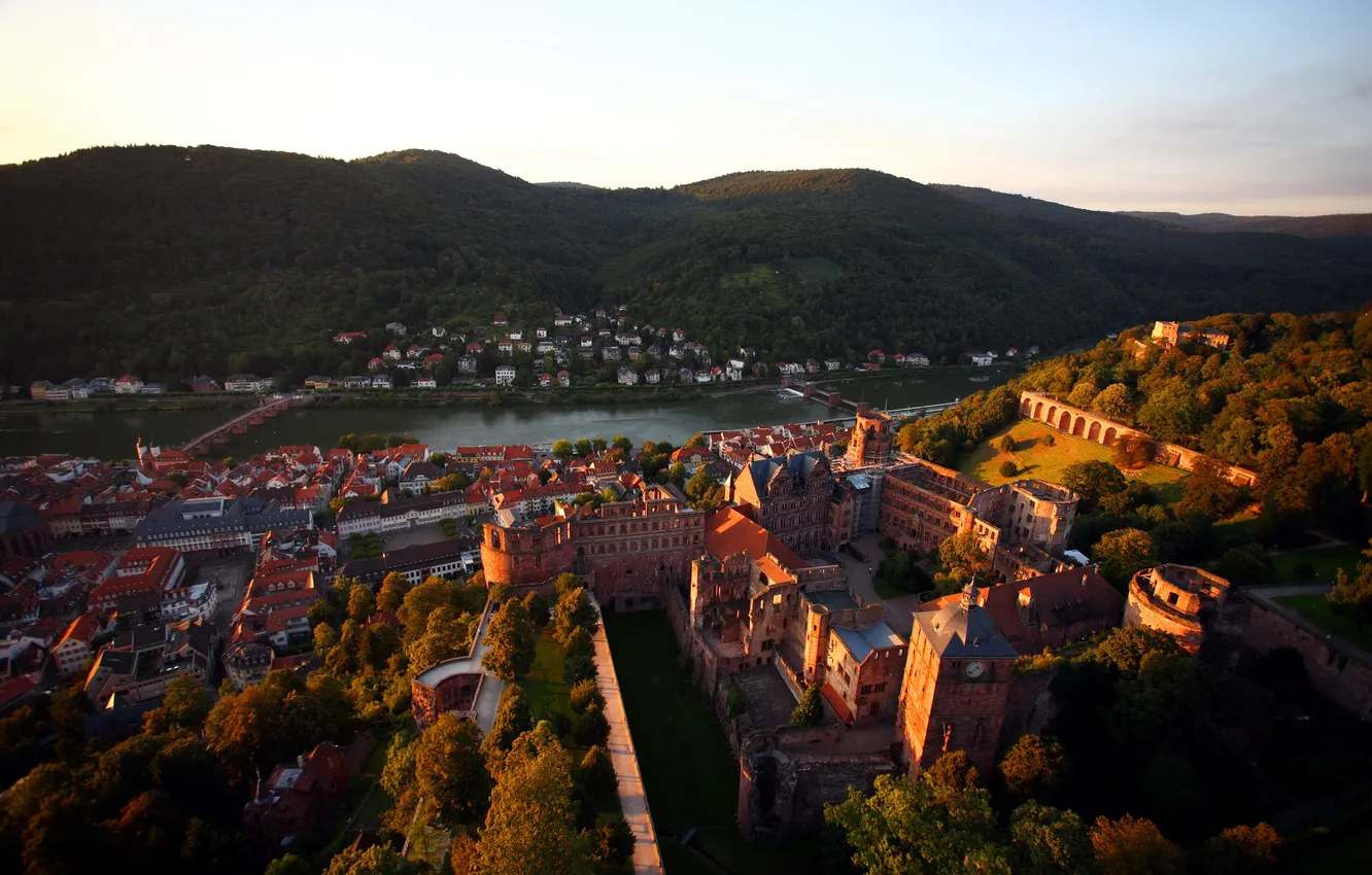 Photo wallpaper river, castle, home, Germany, bridges, the view from the top, Heidelberg