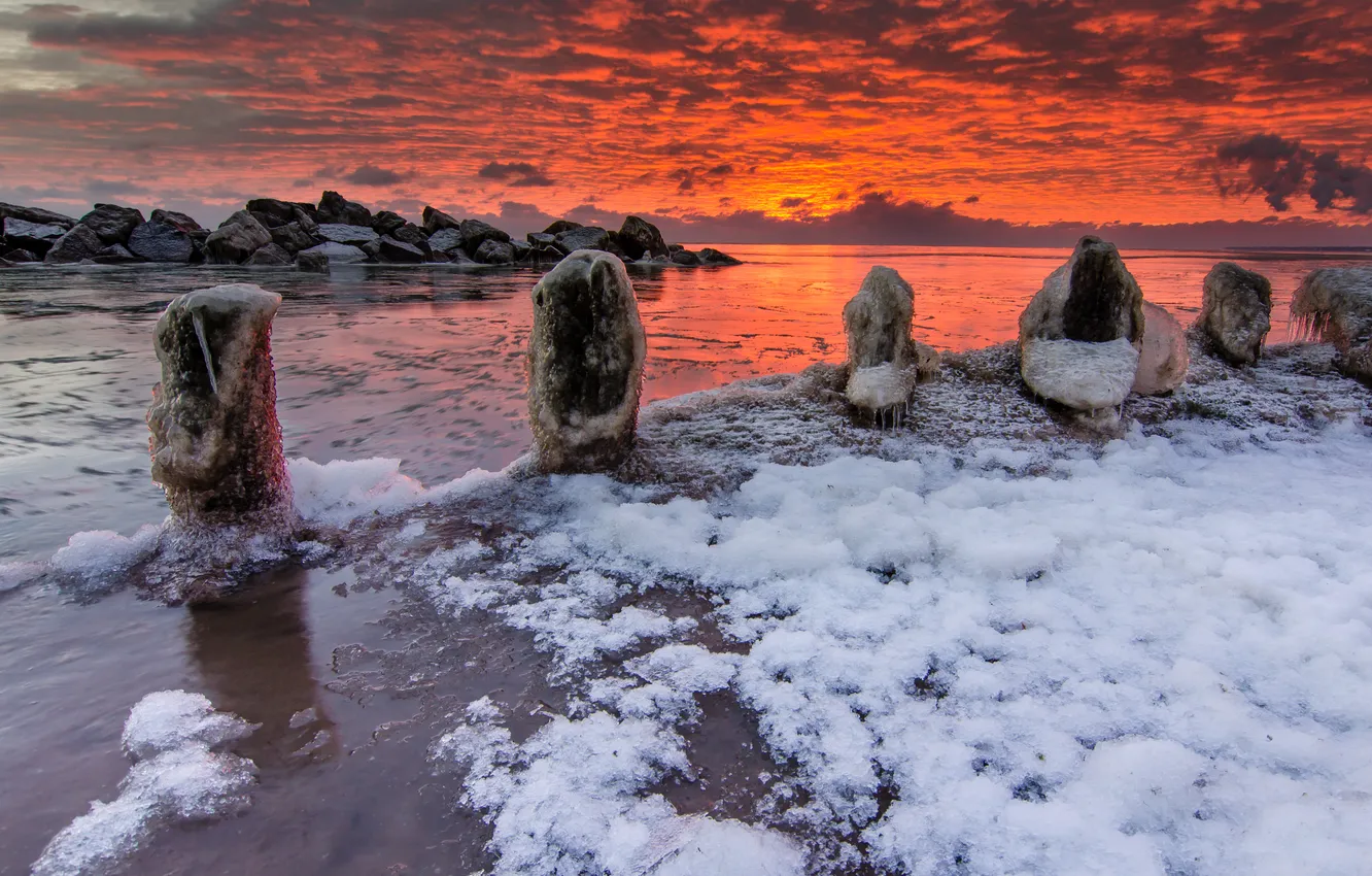 Photo wallpaper winter, sea, sunset