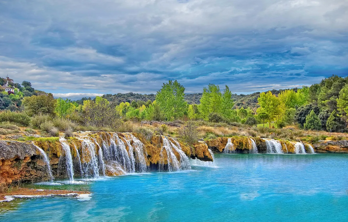Photo wallpaper the sky, clouds, trees, river, hills, waterfall, home, stream
