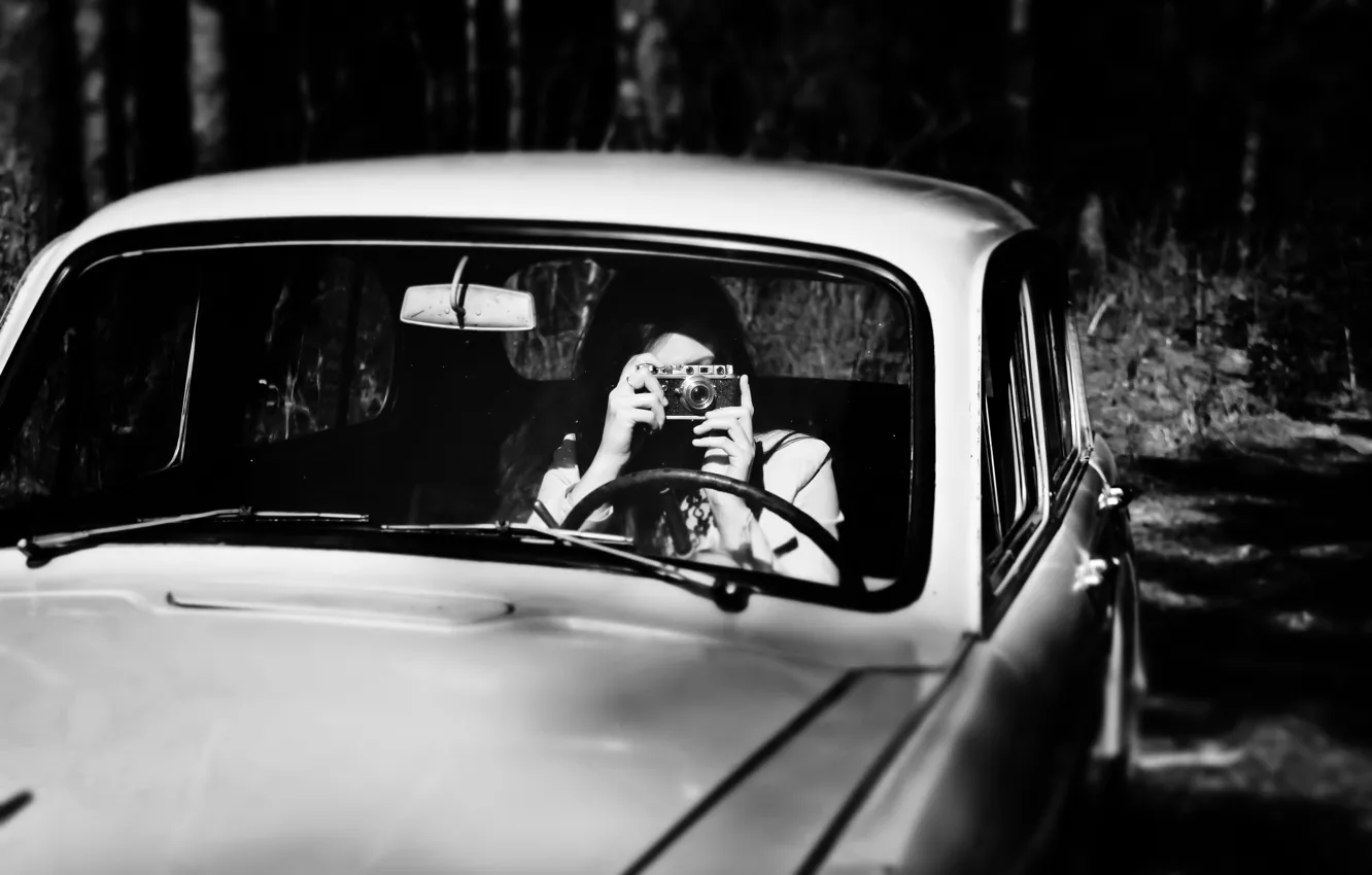 Photo wallpaper retro, black & white, camera, FED