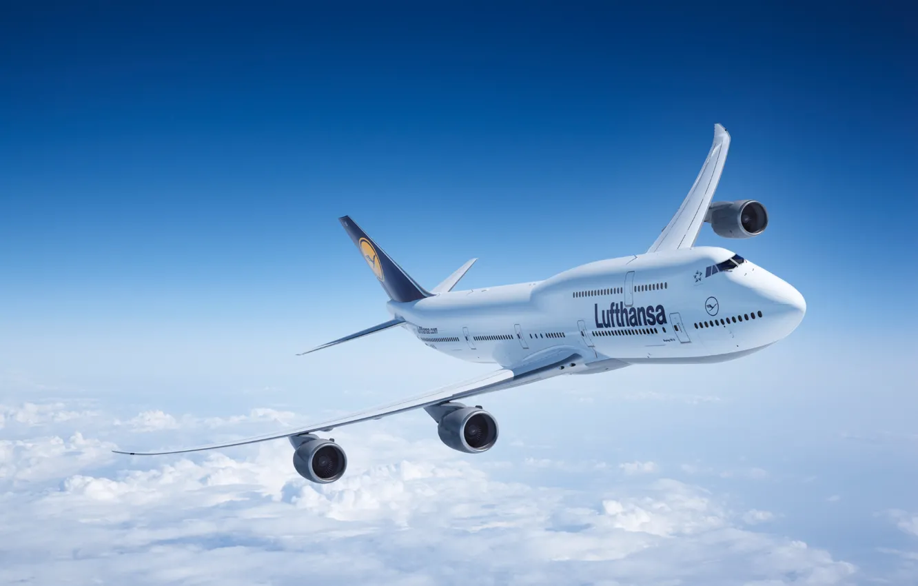 Photo wallpaper Clouds, The plane, Flight, Boeing, Boeing, 747, Lufthansa, In The Air