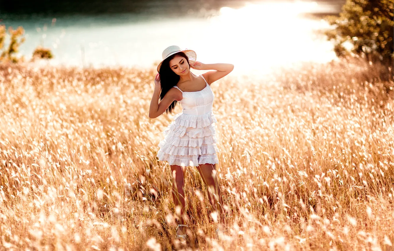 Photo wallpaper summer, grass, girl, pose, dress, meadow, hat, Acts Novels