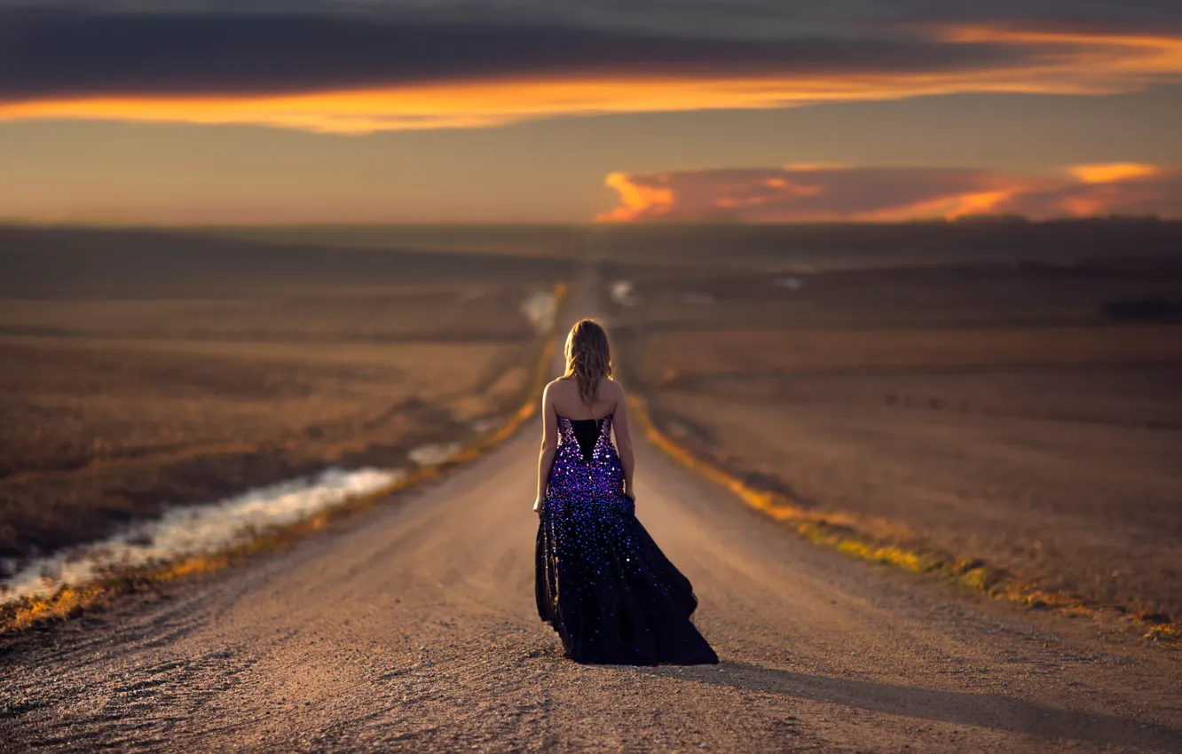 Photo wallpaper road, girl, the way, dress, space