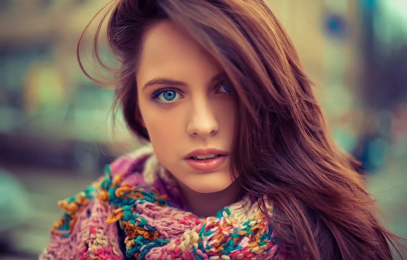 Photo wallpaper eyes, girl, face, hair, portrait, scarf, blue, beautiful