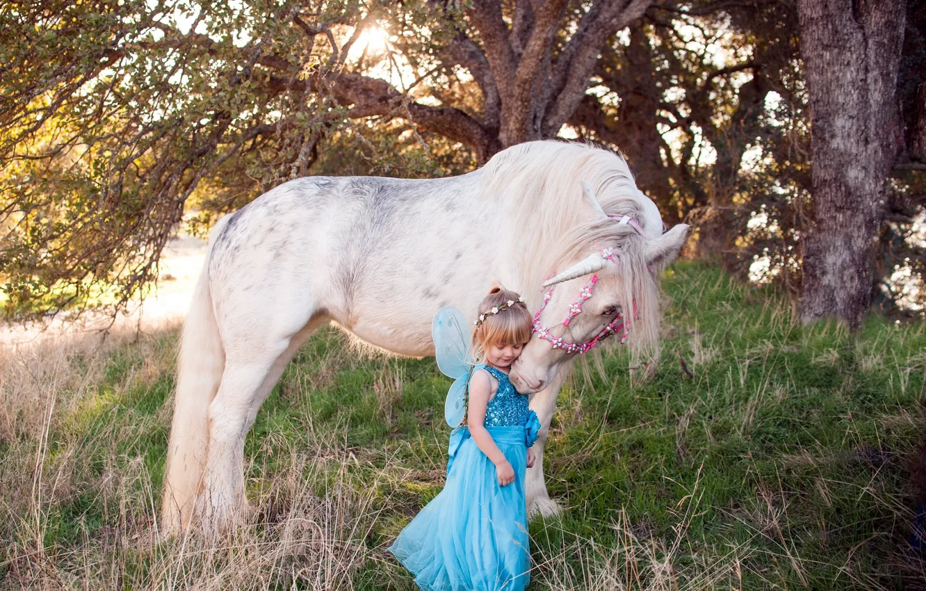 Photo wallpaper horse, fairy, unicorn, girl