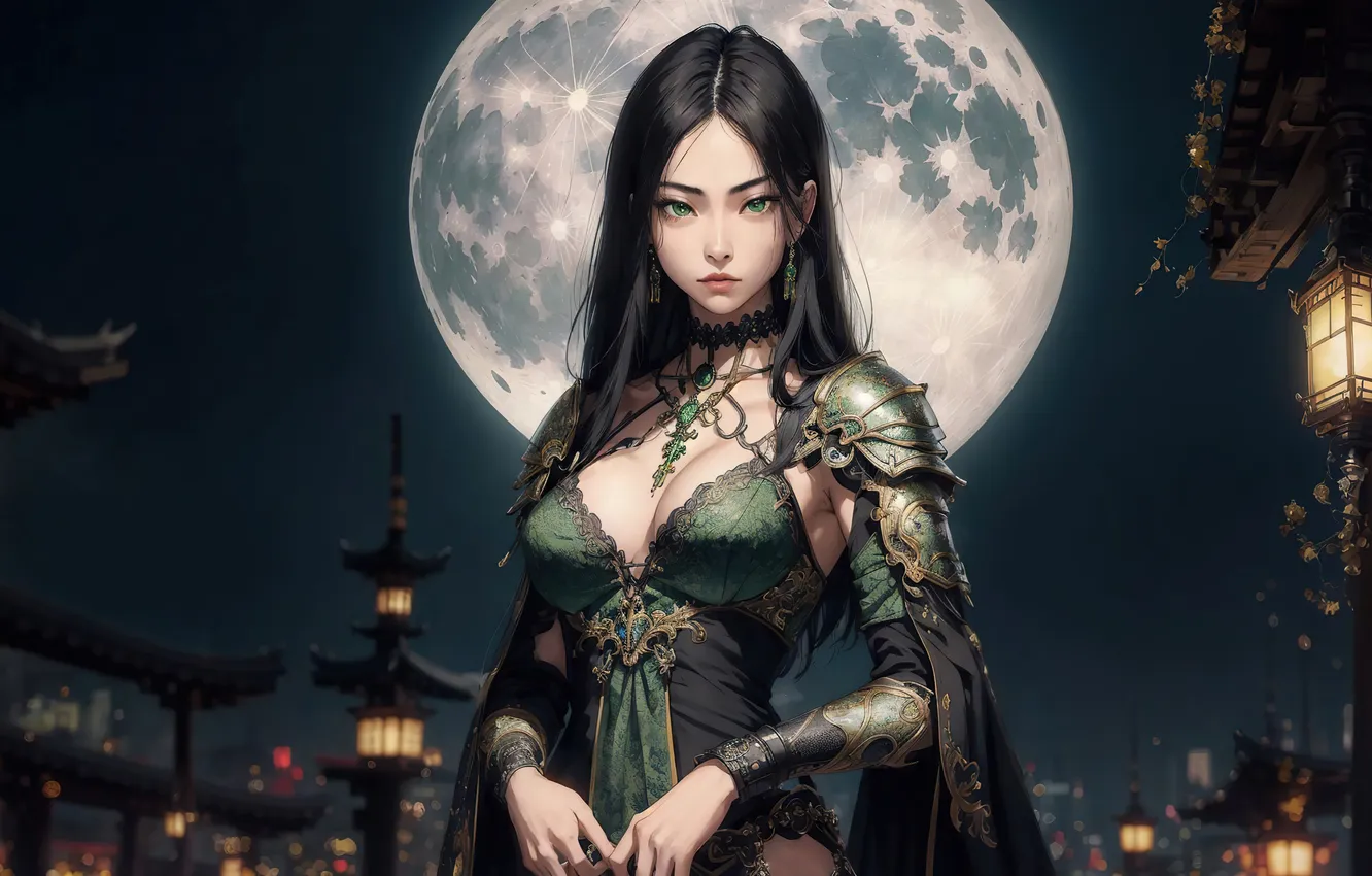 Photo wallpaper girl, moon, fantasy, green eyes, art, painting, digital art, fantasy art