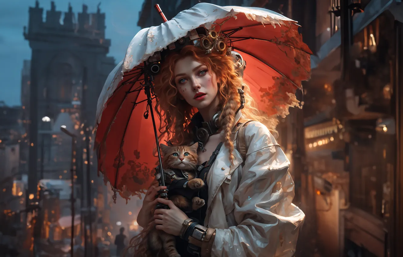 Photo wallpaper cat, cat, look, girl, light, the city, lights, pose