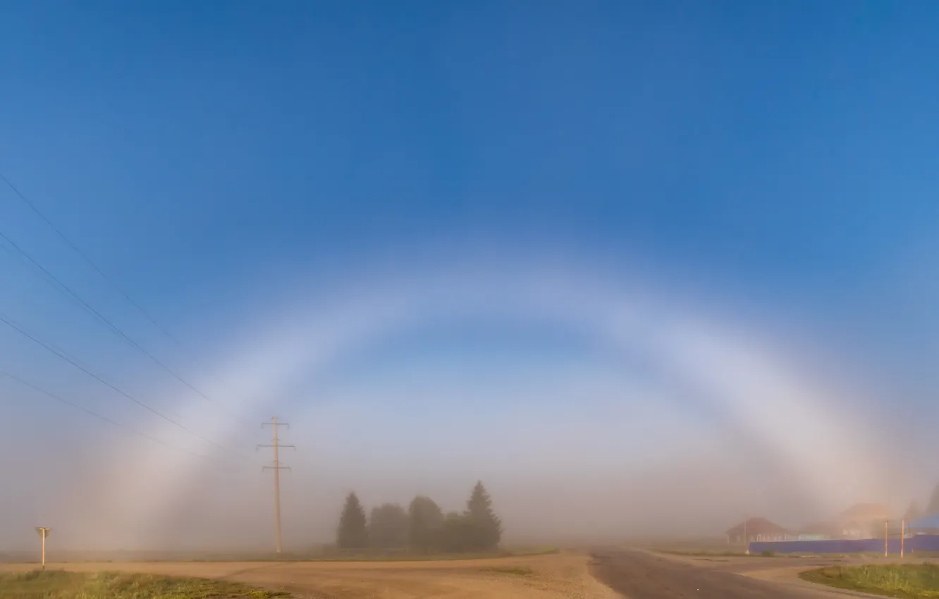 Photo wallpaper road, trees, haze, blue sky, beautiful landscape, Ilgiz Taipov, The Misty Rainbow