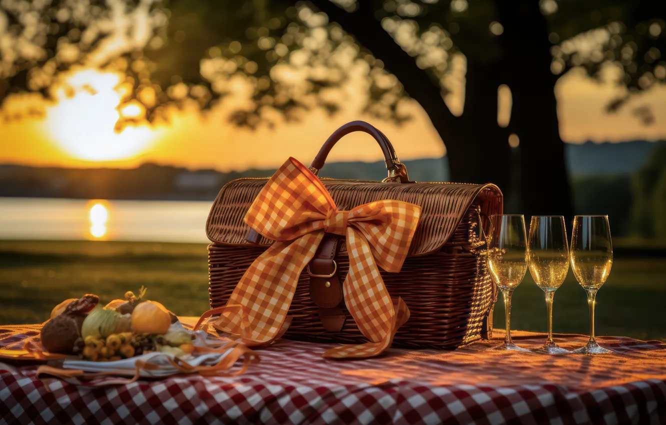 Photo wallpaper glass, picnic, bow, basket