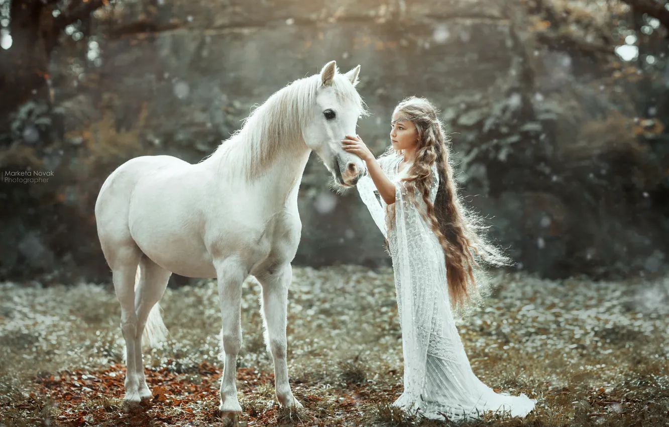 Photo wallpaper mood, horse, dress, girl, white, long hair, Marketa Novak