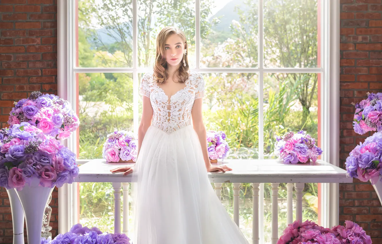 Photo wallpaper flowers, face, style, model, bouquet, dress, window