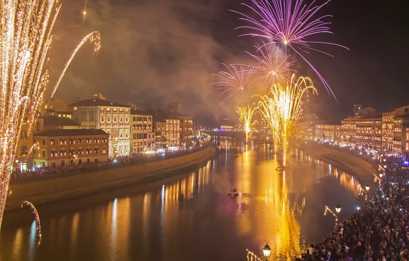 Photo wallpaper lights, river, holiday, home, salute, Italy, fireworks, Pisa