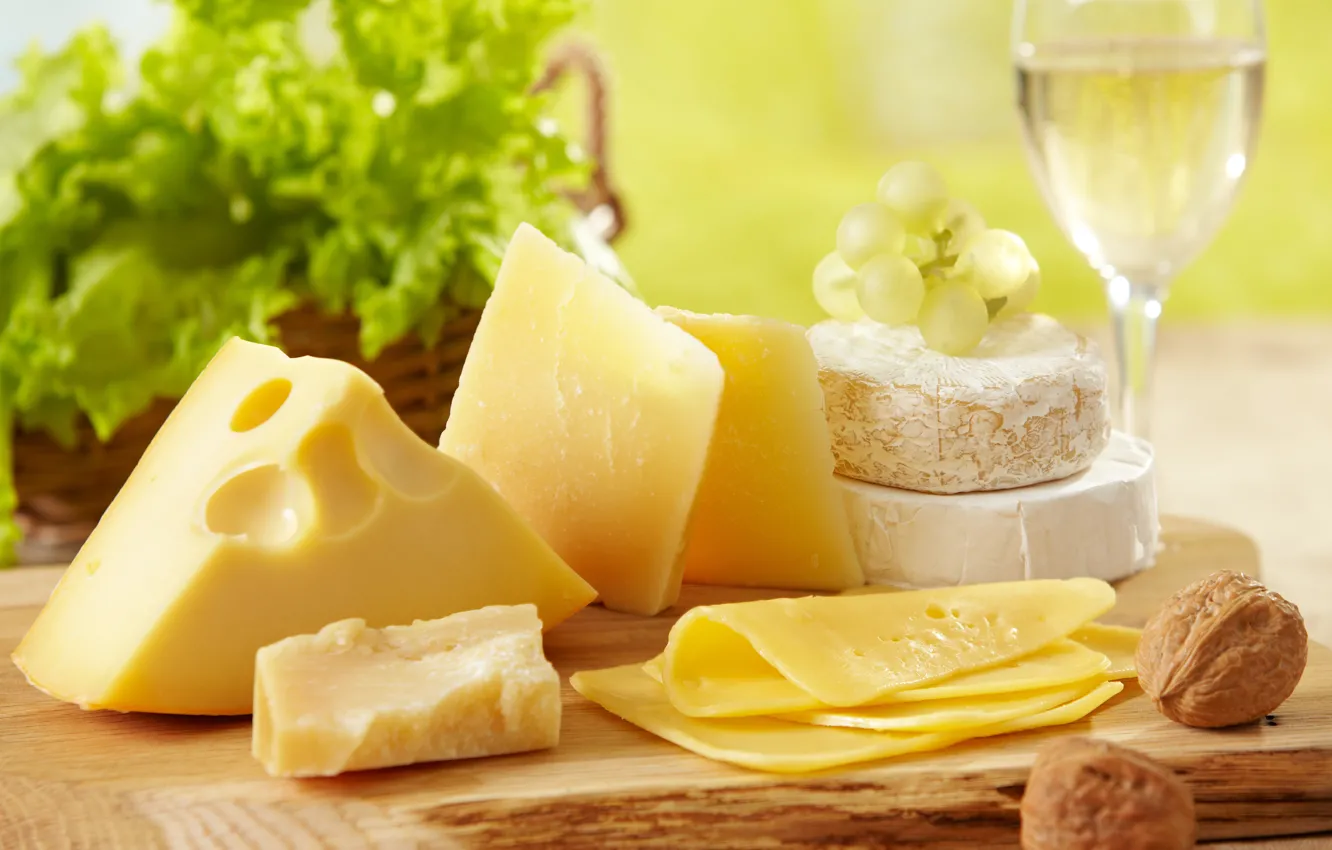 Photo wallpaper white, wine, glass, cheese, grapes, salad, chunks, walnuts