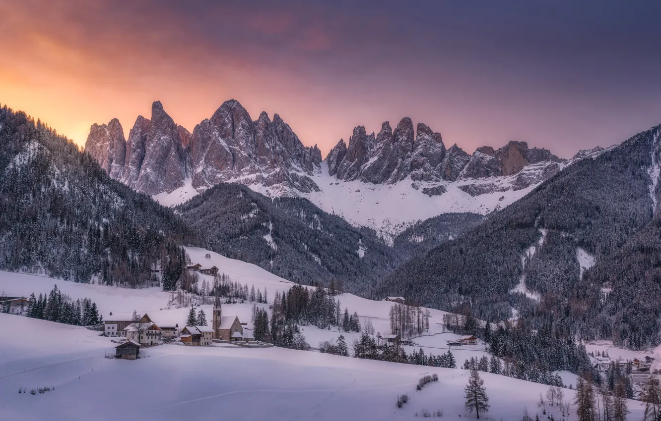 Photo wallpaper winter, snow, trees, mountains, home, village, Italy, Italy