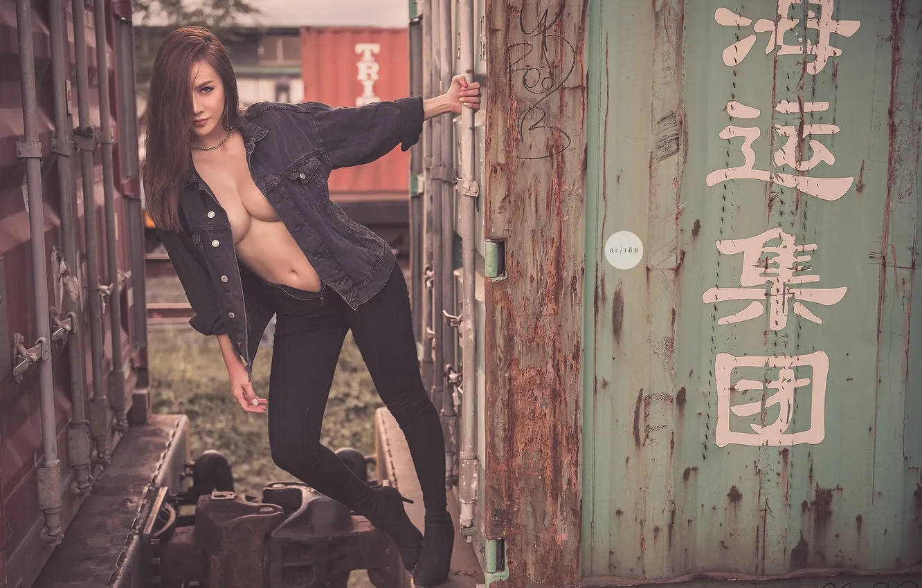 Photo wallpaper model, women, asian, painted nails, looking at viewer, hair in face, hair over one eye, …