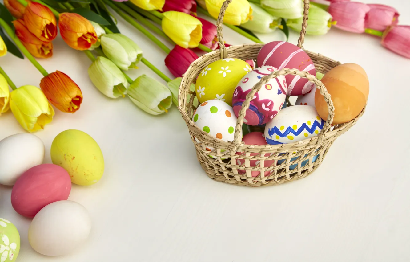 Photo wallpaper flowers, eggs, colors, colorful, Easter, tulips, happy, wood