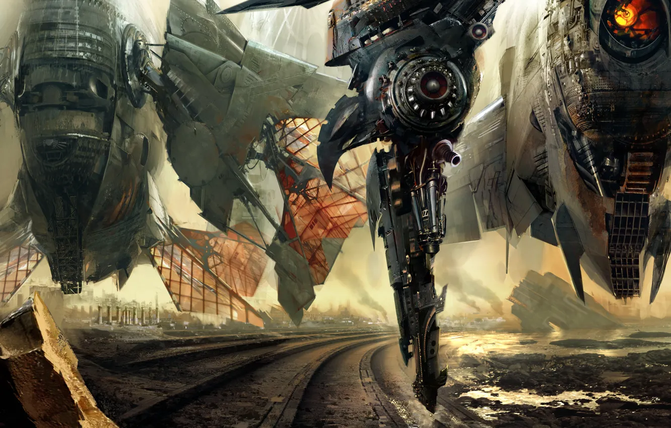 Photo wallpaper rocks, smoke, planet, art, ruins, spaceships, Daniel Dociu