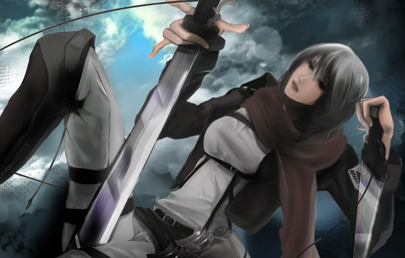 Photo wallpaper girl, flight, scarf, soldiers, swords, art, patch, shingeki no kyojin