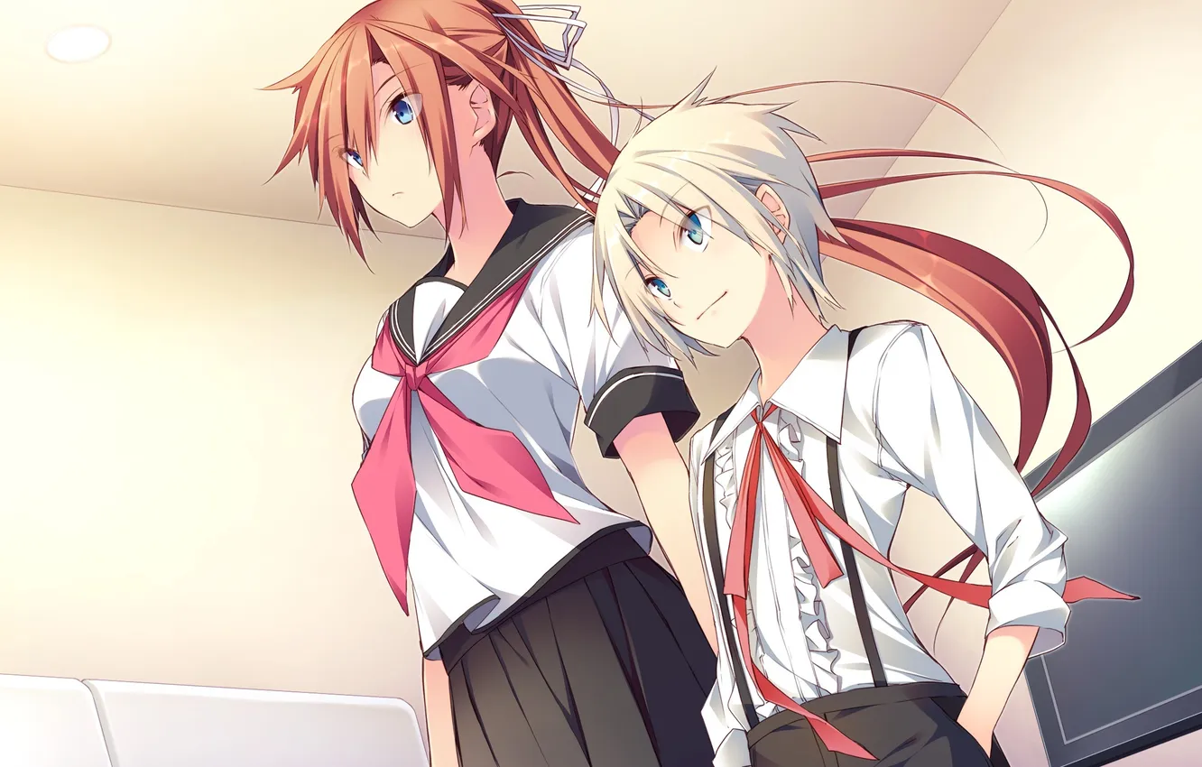 Photo wallpaper girl, guy, school uniform, game cg, Aka-san to Kyuuketsuki