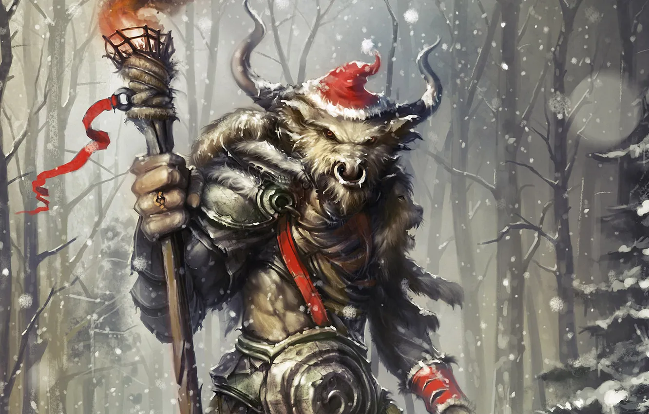 Photo wallpaper winter, snow, hat, new year, ring, art, torch, the Minotaur