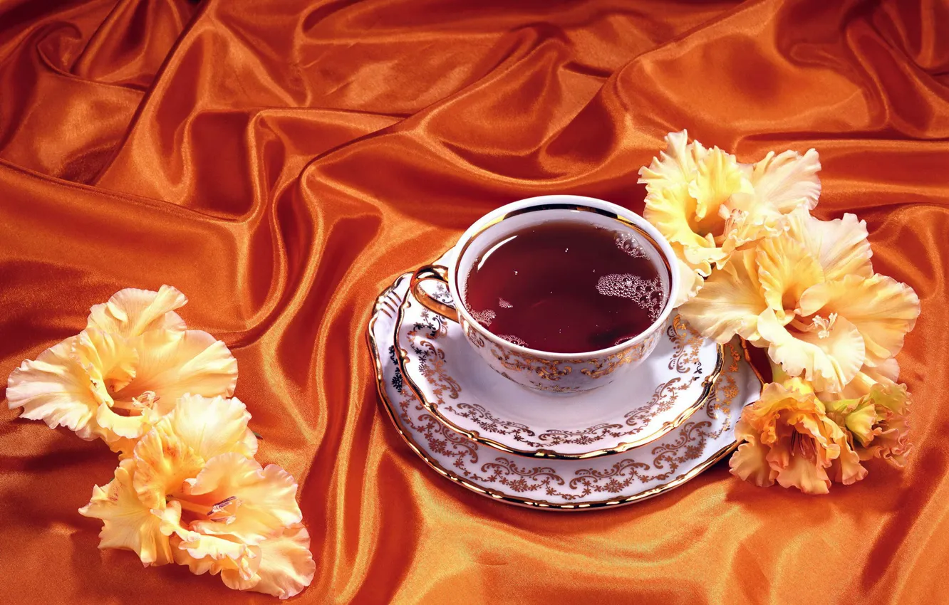 Photo wallpaper flowers, background, tea, silk, Cup, fabric