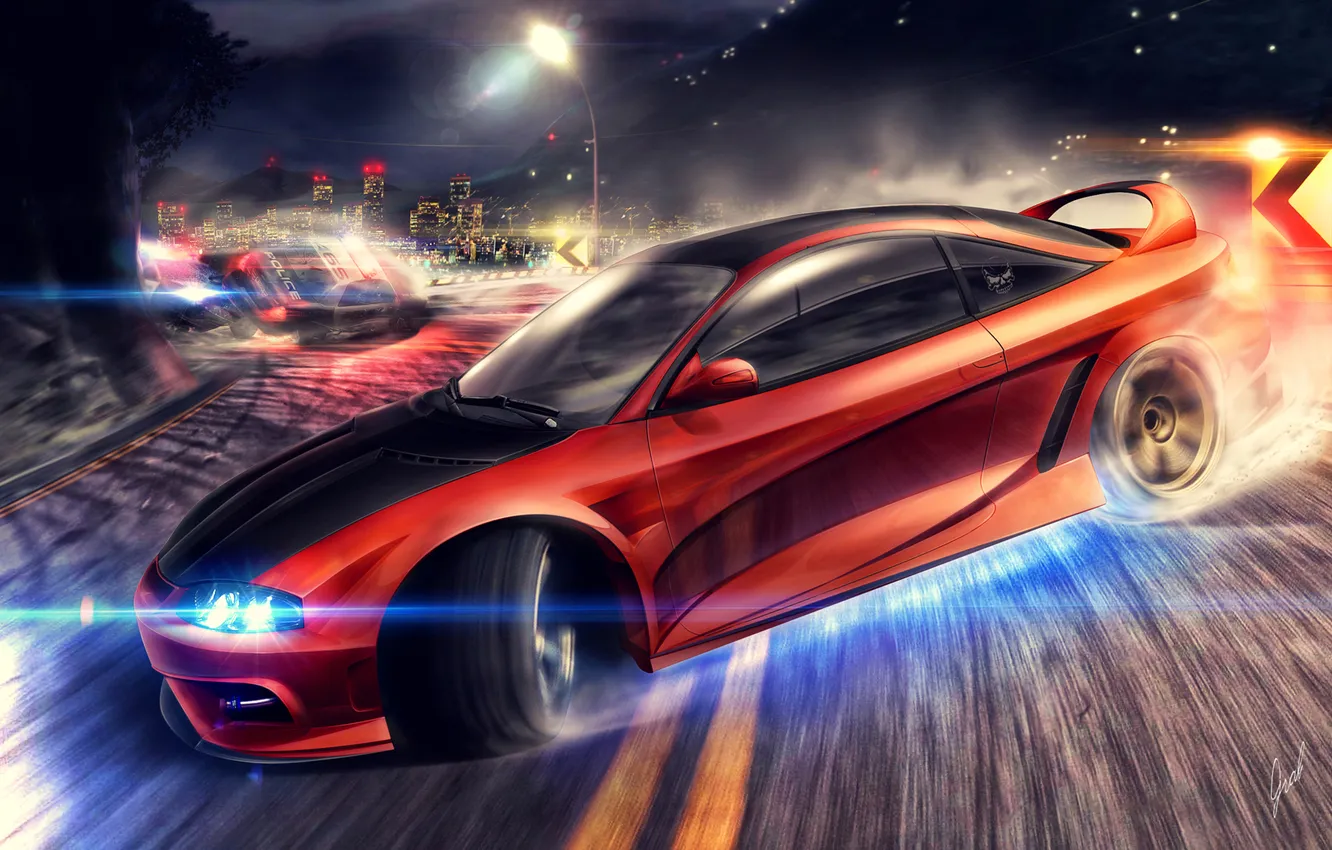 Photo wallpaper road, machine, night, the city, race, speed, police, lights