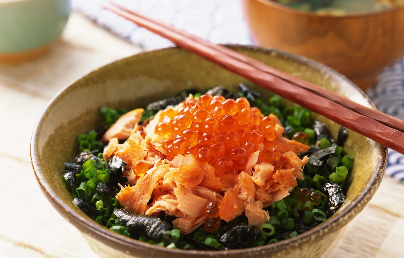 Photo wallpaper fish, sticks, bow, Cup, cup, fish, seafood, red caviar