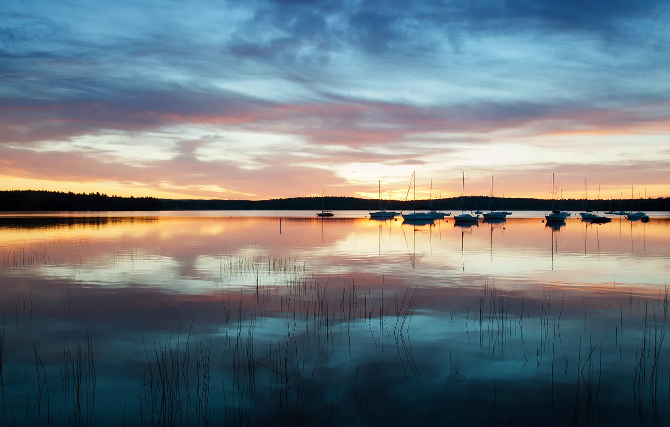 Photo wallpaper the sky, water, reflection, boats, morning, USA, New England, New Hampshire