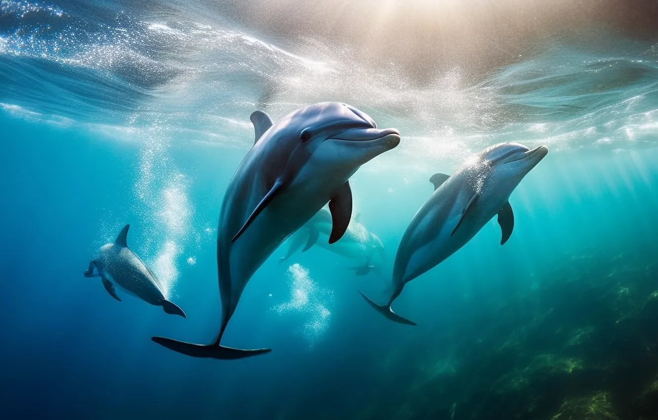 Photo wallpaper Dolphins, Underwater world, Digital art, AI art, The Art of Artificial Intelligence, Neural network