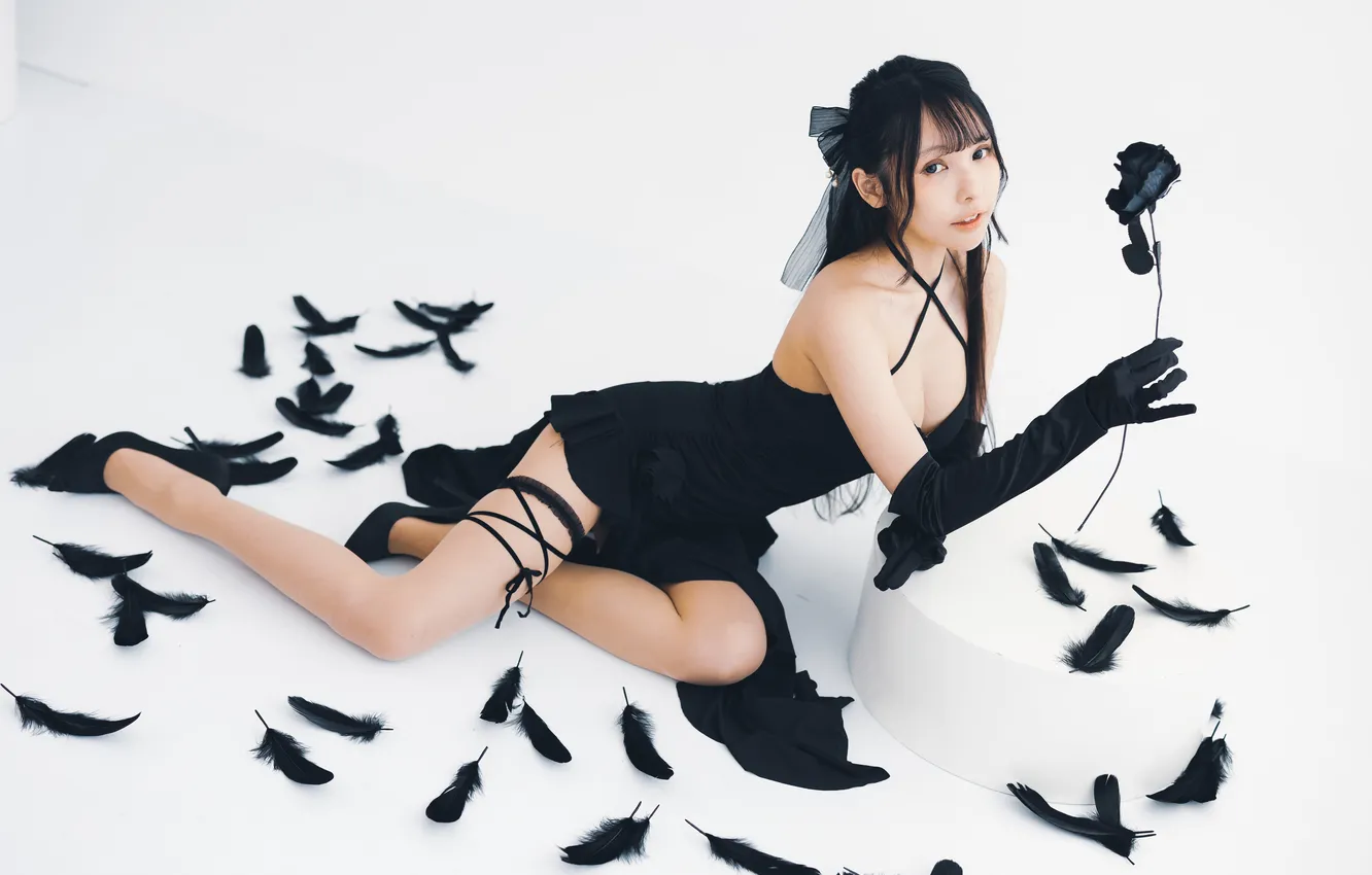 Photo wallpaper girl, roses, feathers, Asian