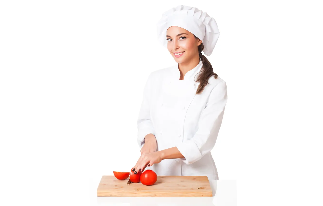 Photo wallpaper girl, smile, knife, cook, tomatoes, uniform, cap, cutting Board