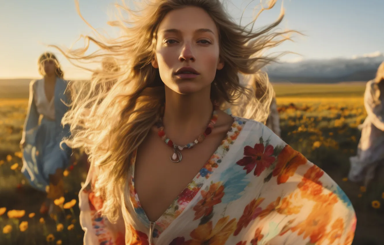 Photo wallpaper field, look, girl, flowers, dawn, hair, digital art, AI art
